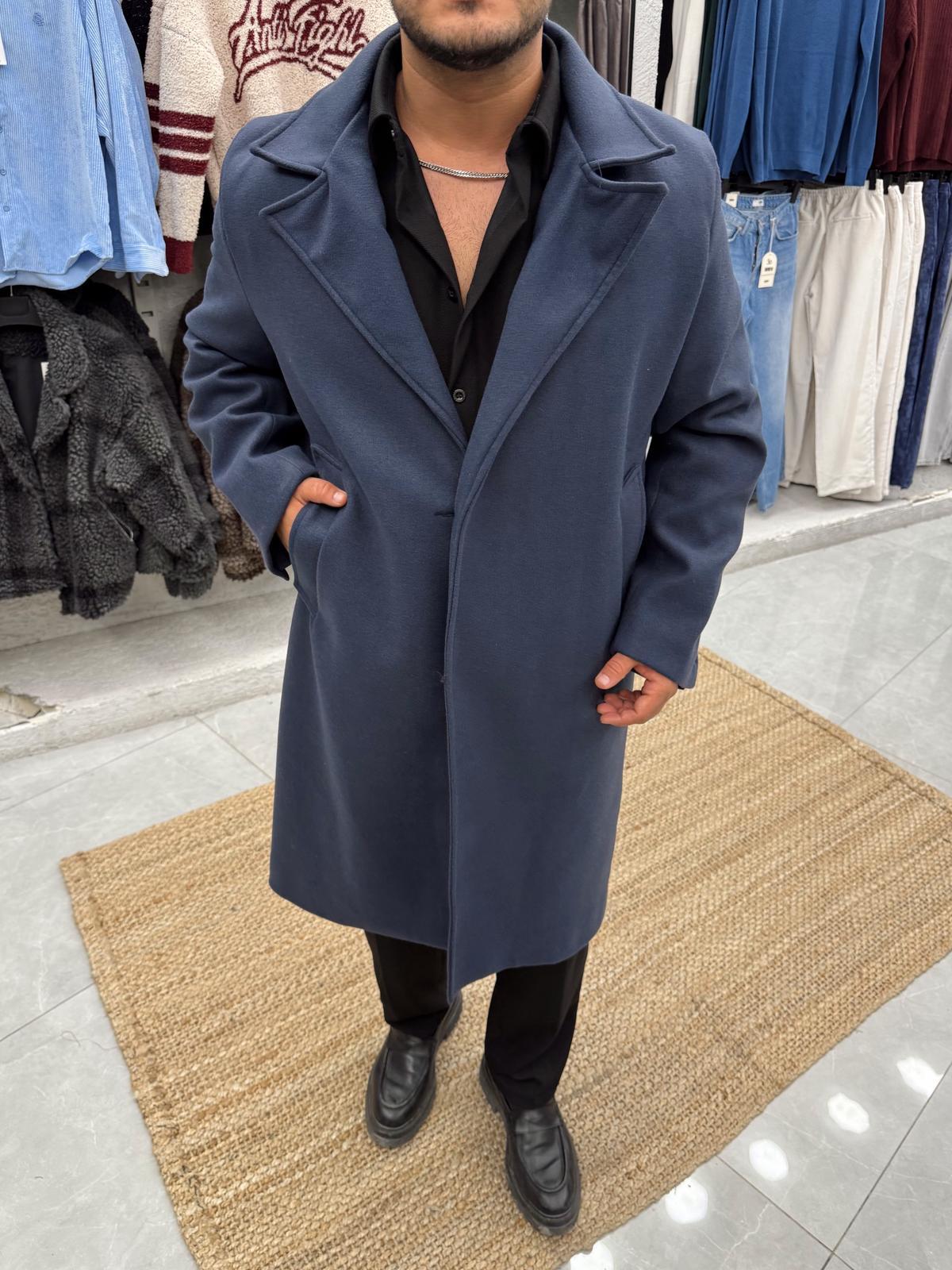 Tek Düğmeli Kemersiz Kaban Lacivert