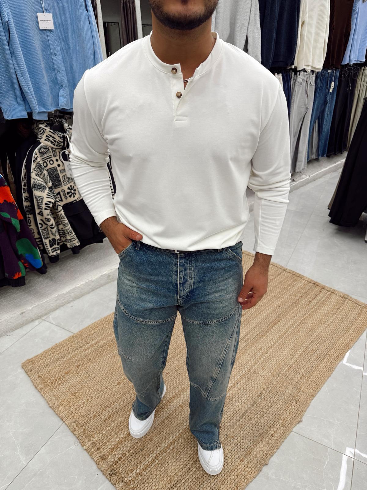 Çift Düğmeli Uzun Kol Triko Beyaz